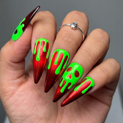Neon Horror Green Cat-Eye Drip Chrome Stiletto Press On Nails