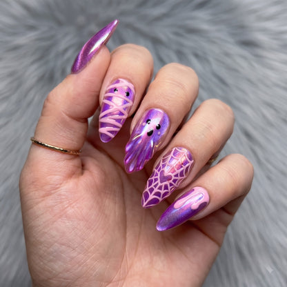Pink Spook Chrome Cat-Eye Cute Almond Press On Nails