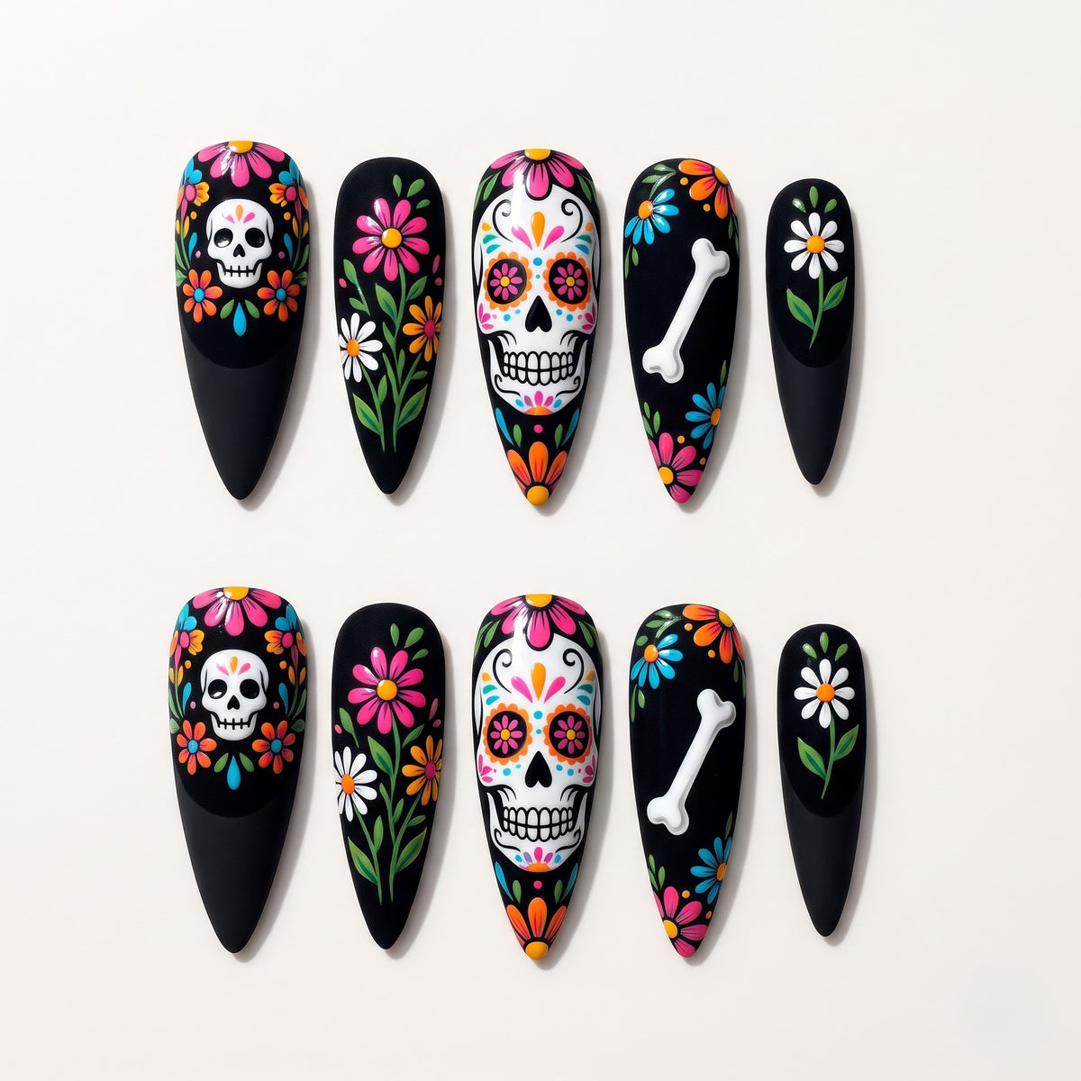 Black Floral Sugar Skull Press On Nails — Midnight Grin | Hand-Painted 3D Stiletto Set