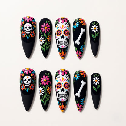 Black Floral Sugar Skull Press On Nails — Midnight Grin | Hand-Painted 3D Stiletto Set