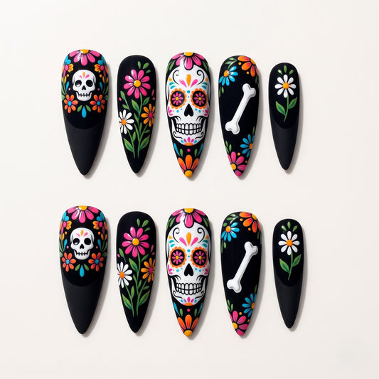 Black Floral Sugar Skull Press On Nails — Midnight Grin | Hand-Painted 3D Stiletto Set