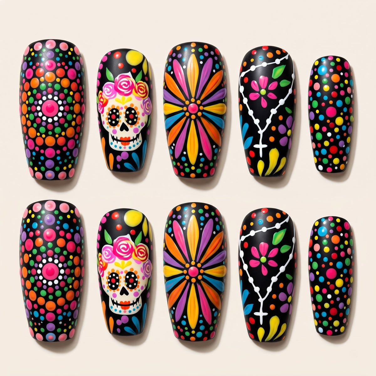 Rainbow Dot Sugar Skull Press On Nails — Confetti Grin | Hand-Painted Black Coffin Set