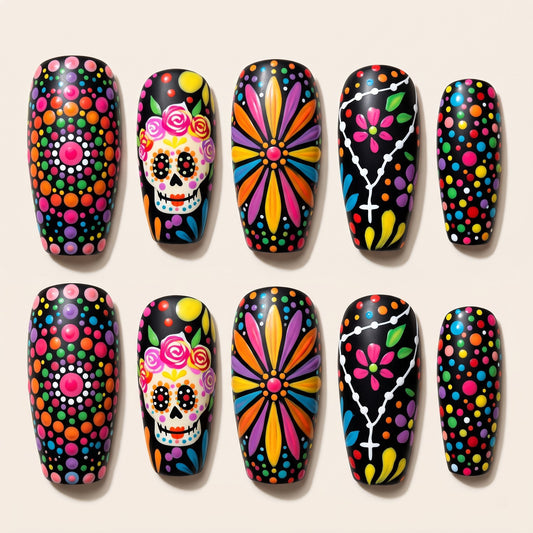 Rainbow Dot Sugar Skull Press On Nails — Confetti Grin | Hand-Painted Black Coffin Set