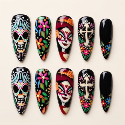 Day of the Dead Catrina Press On Nails — Marigold Muse | Hand-Painted Black Stiletto Set