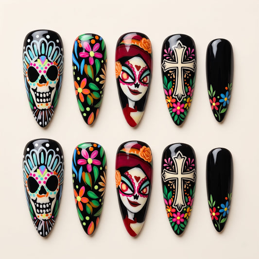Day of the Dead Catrina Press On Nails — Marigold Muse | Hand-Painted Black Stiletto Set