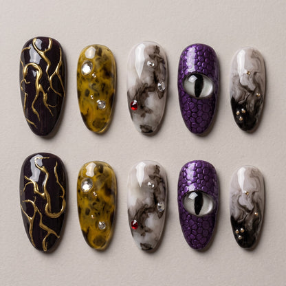 Dragon Eye Press On Nails — Gold Vein & Marble Set | Handmade Almond, Romantasy Fantasy