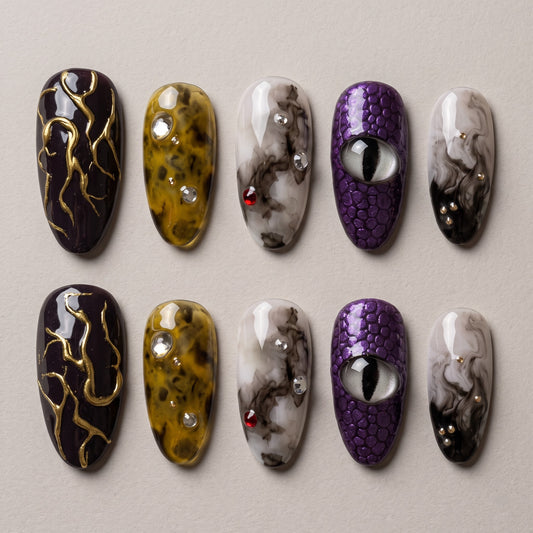 Dragon Eye Press On Nails — Gold Vein & Marble Set | Handmade Almond, Romantasy Fantasy