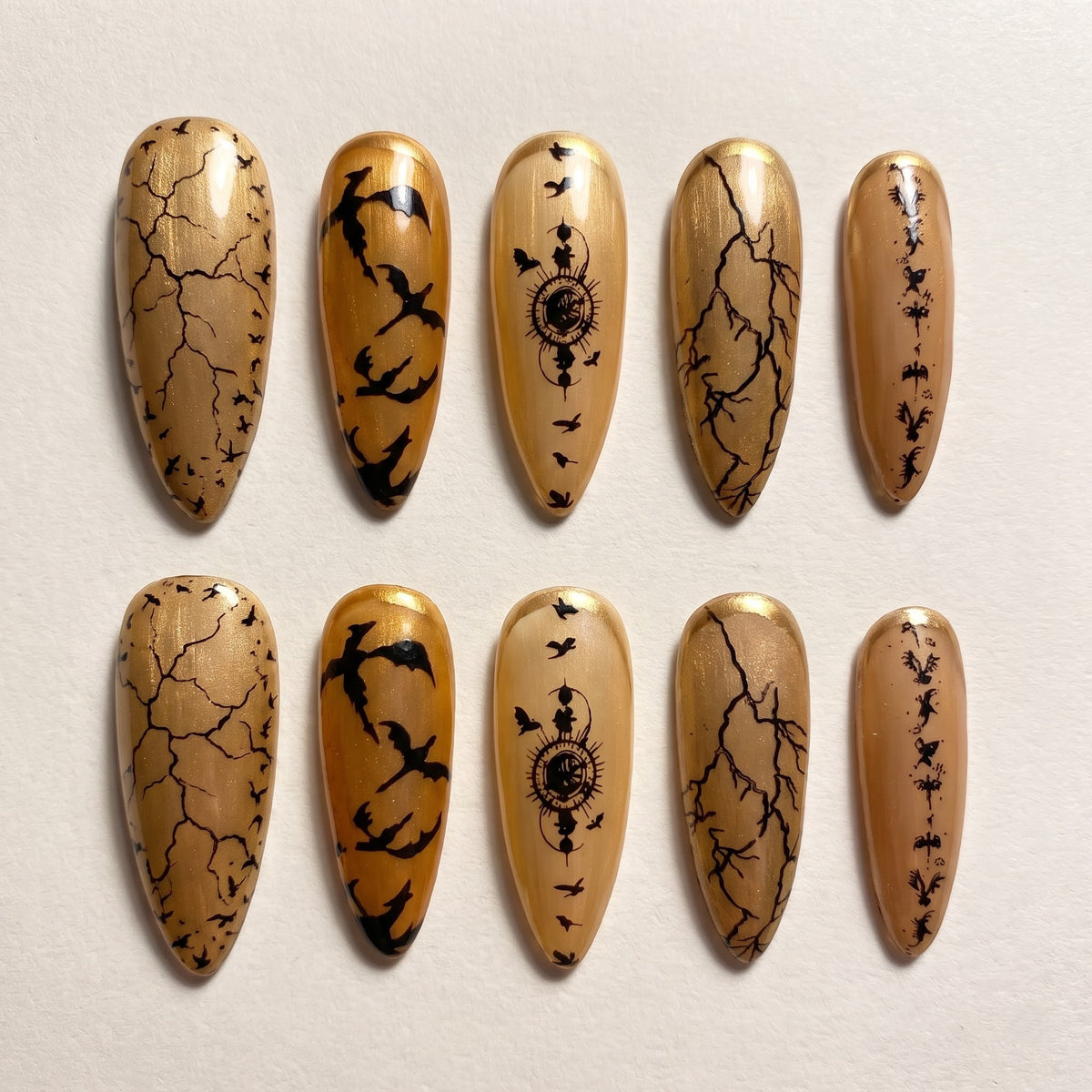 Antique Gold Press On Nails — Raven & Crackle Set | Handmade Stiletto, Dark Academia Bookish