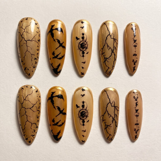 Antique Gold Press On Nails — Raven & Crackle Set | Handmade Stiletto, Dark Academia Bookish