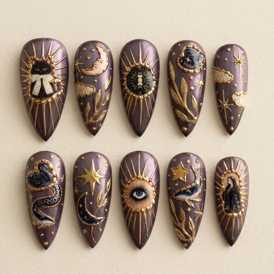 Celestial Cat & Mystic Eye Press On Nails — Starlight Coven Set | Handmade Almond, Witchy Cottagecore