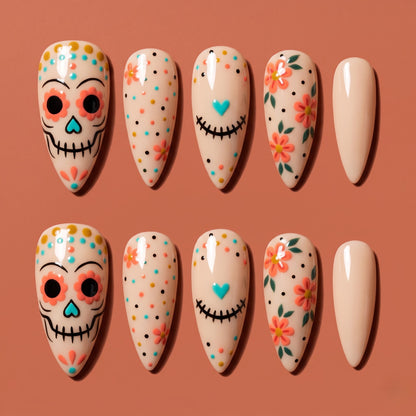 Sugar Skull Press On Nails — Marigold Grin | Hand-Painted Nude Almond Set