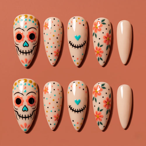 Sugar Skull Press On Nails — Marigold Grin | Hand-Painted Nude Almond Set