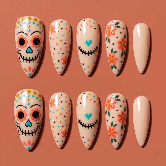 Sugar Skull Press On Nails — Marigold Grin | Hand-Painted Nude Almond Set