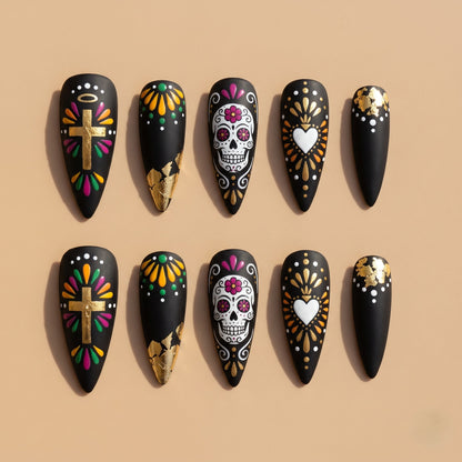 Gold Leaf Sugar Skull Press On Nails — Gilded Grin | Hand-Painted Matte Black Stiletto Set