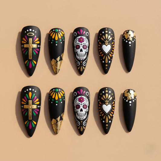 Gold Leaf Sugar Skull Press On Nails — Gilded Grin | Hand-Painted Matte Black Stiletto Set