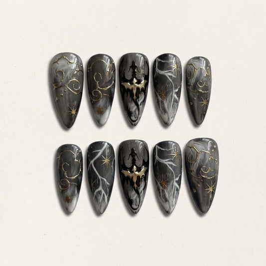 Smoke Marble Press On Nails — Gold Bat & Star Set | Handmade Stiletto, Dark Academia