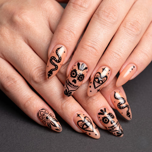 Black Ink Sugar Skull Press On Nails — Ink Grin | Hand-Painted Sheer Nude Almond Set