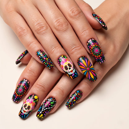 Rainbow Dot Sugar Skull Press On Nails — Confetti Grin | Hand-Painted Black Coffin Set