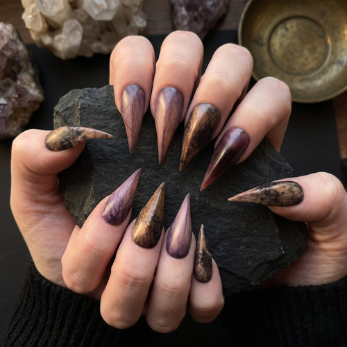 Marbled Stone Claw Plum Agate Press On Nails
