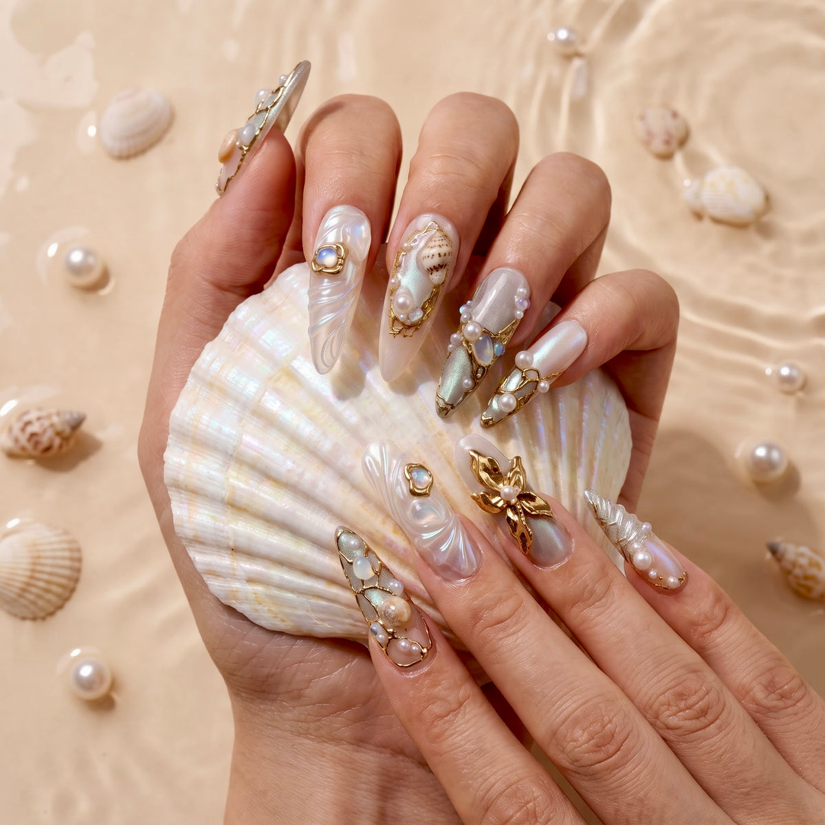 Mermaid Pearl Gold Seashell Almond Press On Nails
