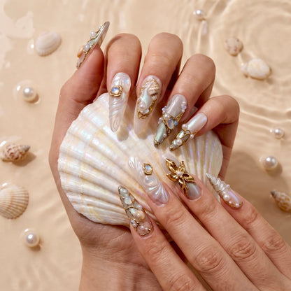 Mermaid Pearl Gold Seashell Almond Press On Nails