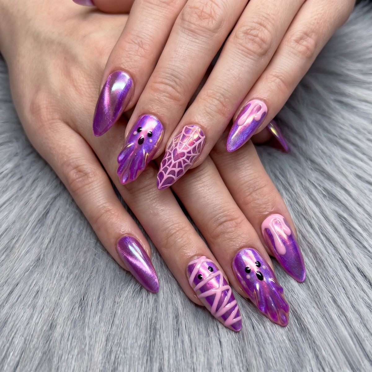 Pink Spook Chrome Cat-Eye Cute Almond Press On Nails