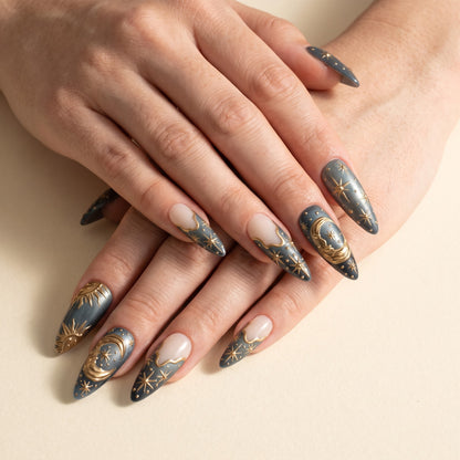 Celestial Sun & Moon Press On Nails — 3D Gold Relief Set | Handmade Teal Almond, Witchy Tarot