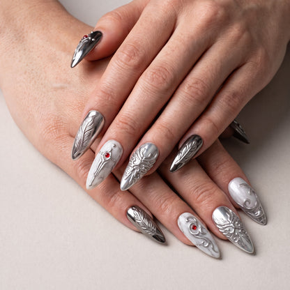 Silver Wing Press On Nails — 3D Feather & Chrome Set | Handmade Stiletto, Fantasy Romance
