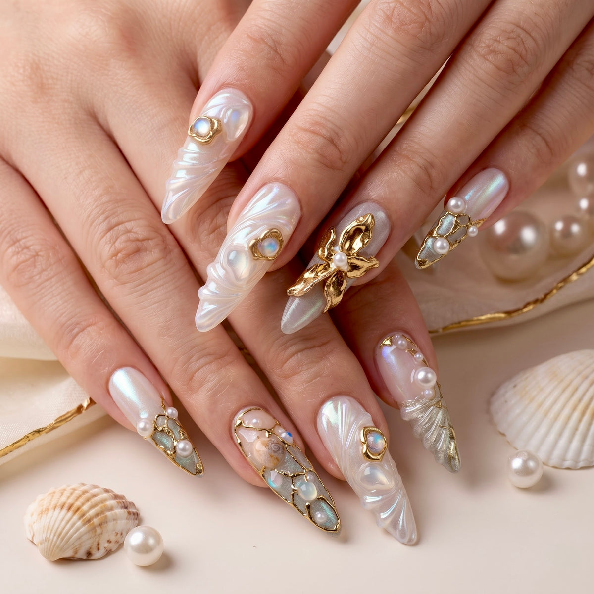 Mermaid Pearl Gold Seashell Almond Press On Nails