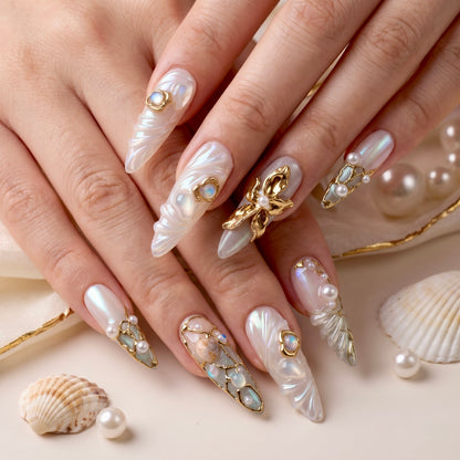 Mermaid Pearl Gold Seashell Almond Press On Nails