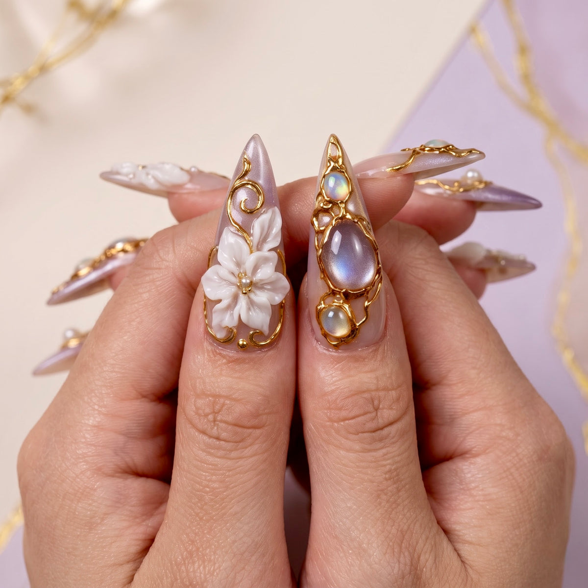 Royal Opal Gold Filigree Stiletto Press On Nails