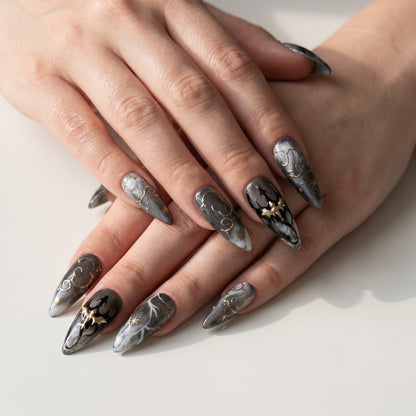 Smoke Marble Press On Nails — Gold Bat & Star Set | Handmade Stiletto, Dark Academia