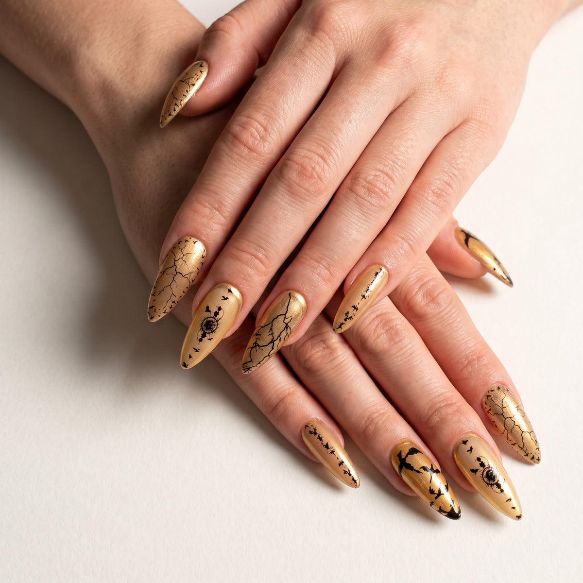 Antique Gold Press On Nails — Raven & Crackle Set | Handmade Stiletto, Dark Academia Bookish
