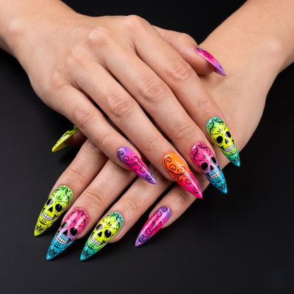 Neon Sugar Skull Press On Nails — Neon Grin | Hand-Painted Stiletto Glow Set