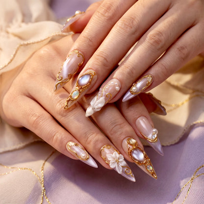 Royal Opal Gold Filigree Stiletto Press On Nails