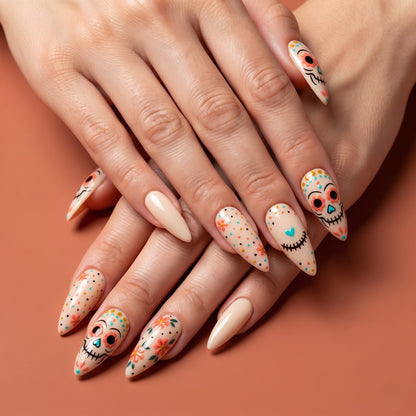 Sugar Skull Press On Nails — Marigold Grin | Hand-Painted Nude Almond Set