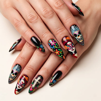 Day of the Dead Catrina Press On Nails — Marigold Muse | Hand-Painted Black Stiletto Set