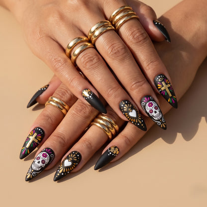 Gold Leaf Sugar Skull Press On Nails — Gilded Grin | Hand-Painted Matte Black Stiletto Set