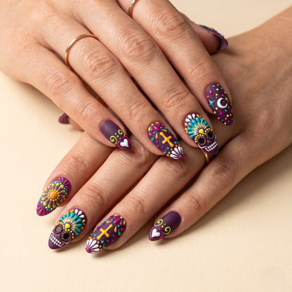 3D Sugar Skull Press On Nails — Violet Vigil | Hand-Painted Purple Matte Almond Set