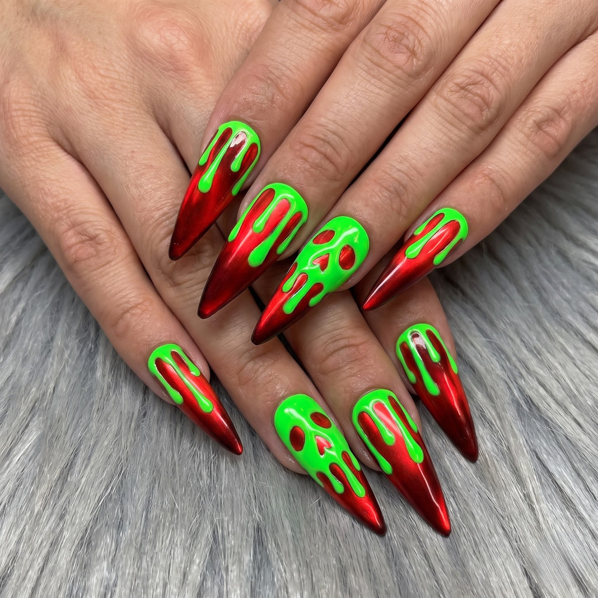Neon Horror Green Cat-Eye Drip Chrome Stiletto Press On Nails