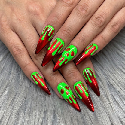 Neon Horror Green Cat-Eye Drip Chrome Stiletto Press On Nails