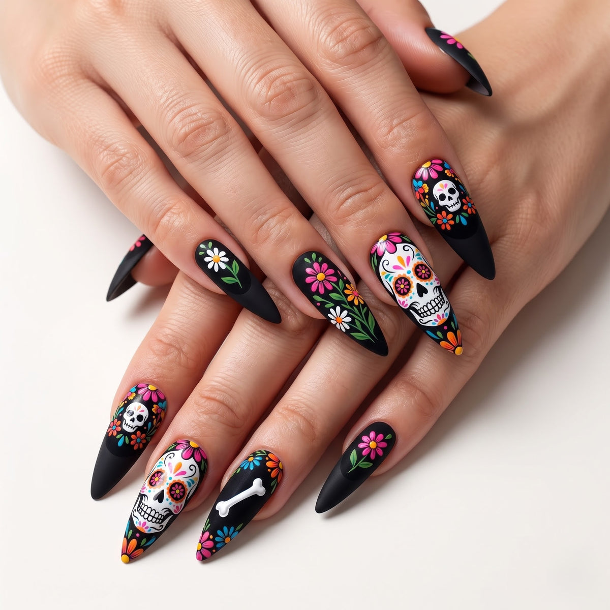 Black Floral Sugar Skull Press On Nails — Midnight Grin | Hand-Painted 3D Stiletto Set