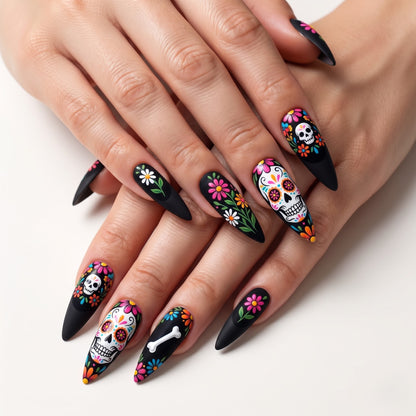 Black Floral Sugar Skull Press On Nails — Midnight Grin | Hand-Painted 3D Stiletto Set