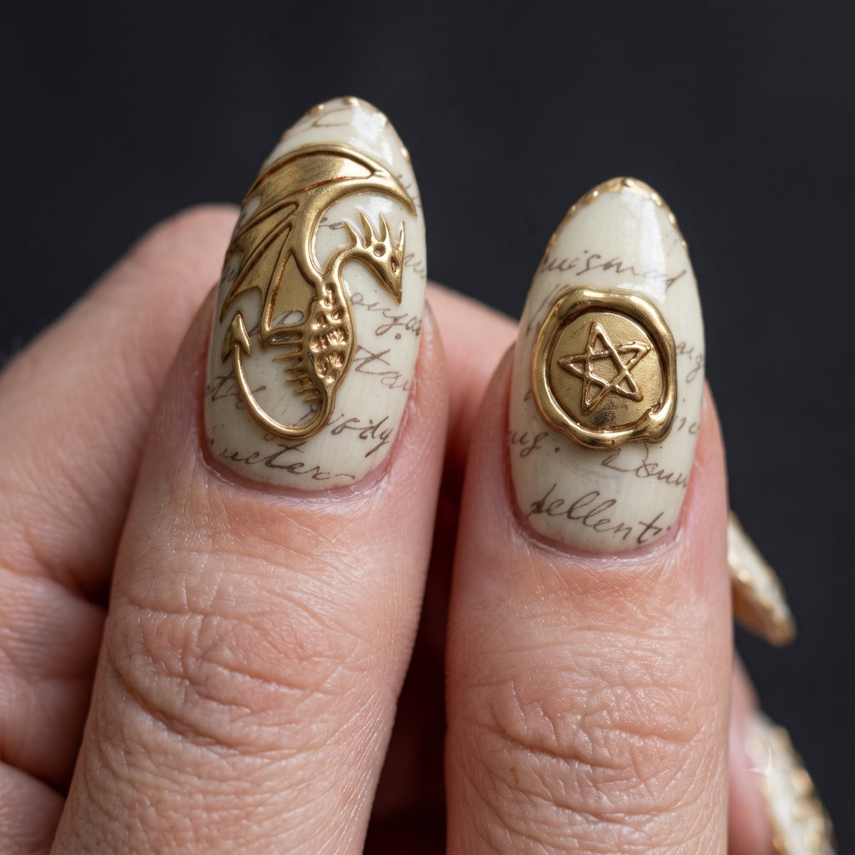 Gold Dragon & Wax Seal Press On Nails — Parchment Script Set | Handmade Almond, Dark Academia