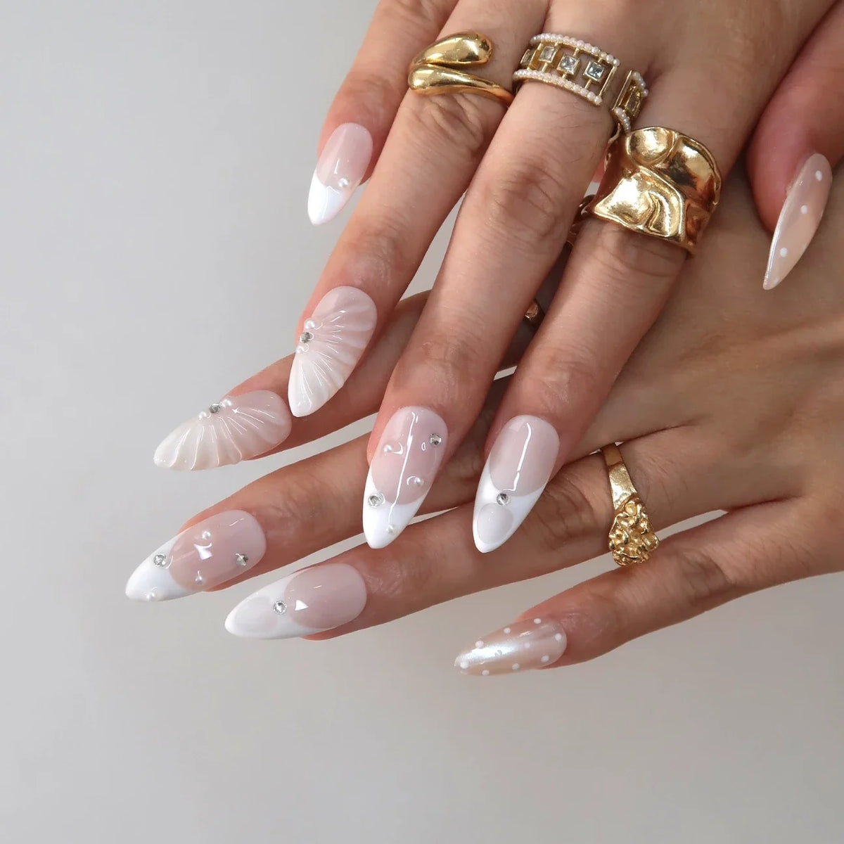 Milky Crystal Chrome Elegant Almond Press On Nails