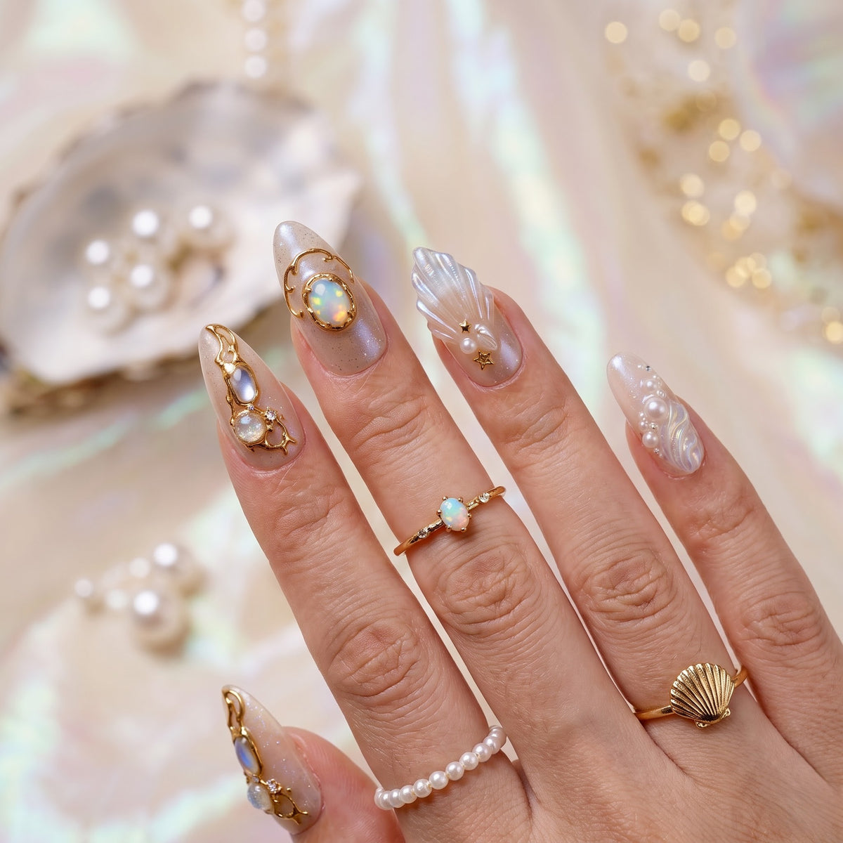 Opal Mermaid Iridescent Ethereal Almond Press On Nails