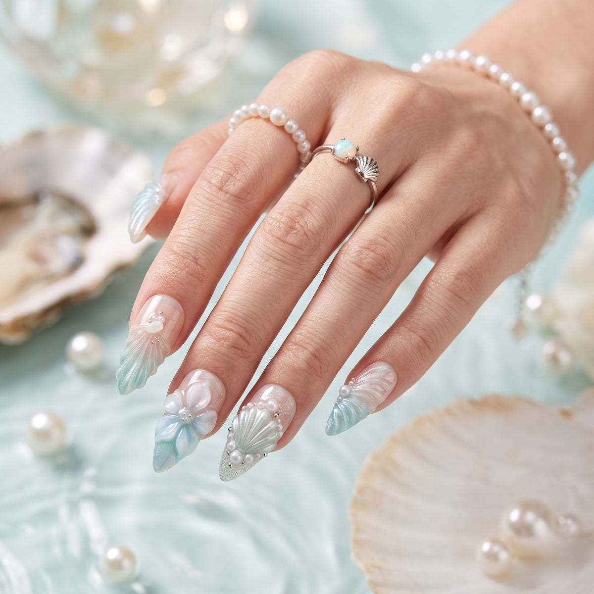 Pearl Mermaid Iridescent Elegant Stiletto Press On Nails