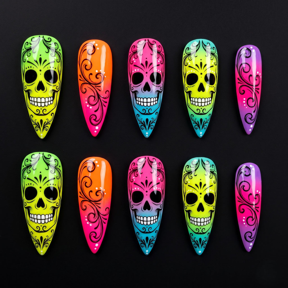 Neon Sugar Skull Press On Nails — Neon Grin | Hand-Painted Stiletto Glow Set