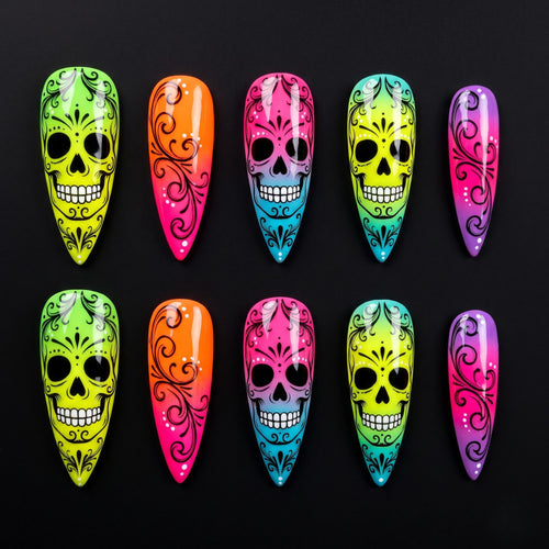 Neon Sugar Skull Press On Nails — Neon Grin | Hand-Painted Stiletto Glow Set