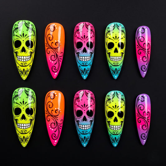 Neon Sugar Skull Press On Nails — Neon Grin | Hand-Painted Stiletto Glow Set